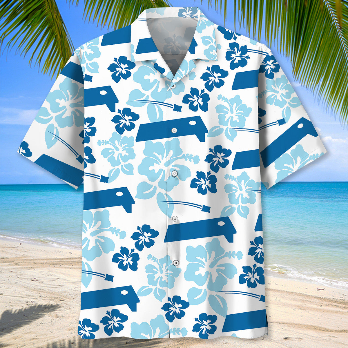 Cornhole Hibiscus Blue Hawaiian Shirt