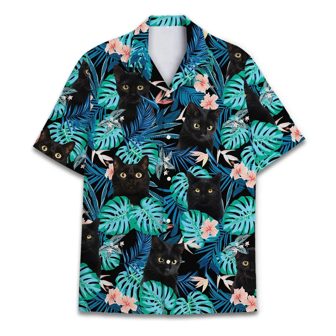 Custom Photo Tropical Black Cat Hawaiian Shirt, Funny Floral Aloha Shirt