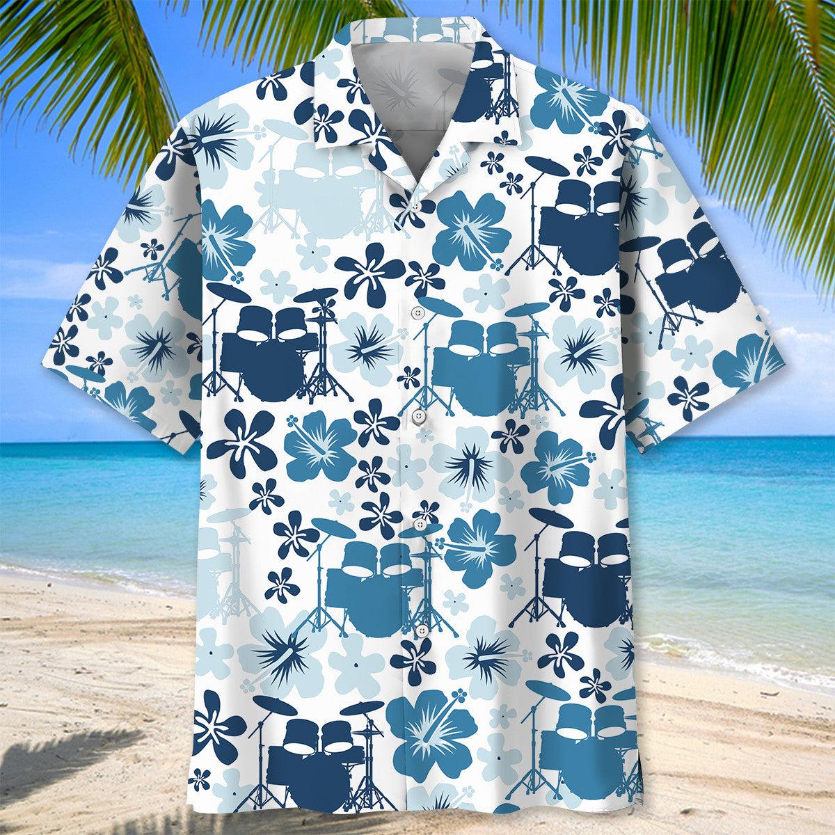 Drum Hibiscus Blue Hawaiian Shirt