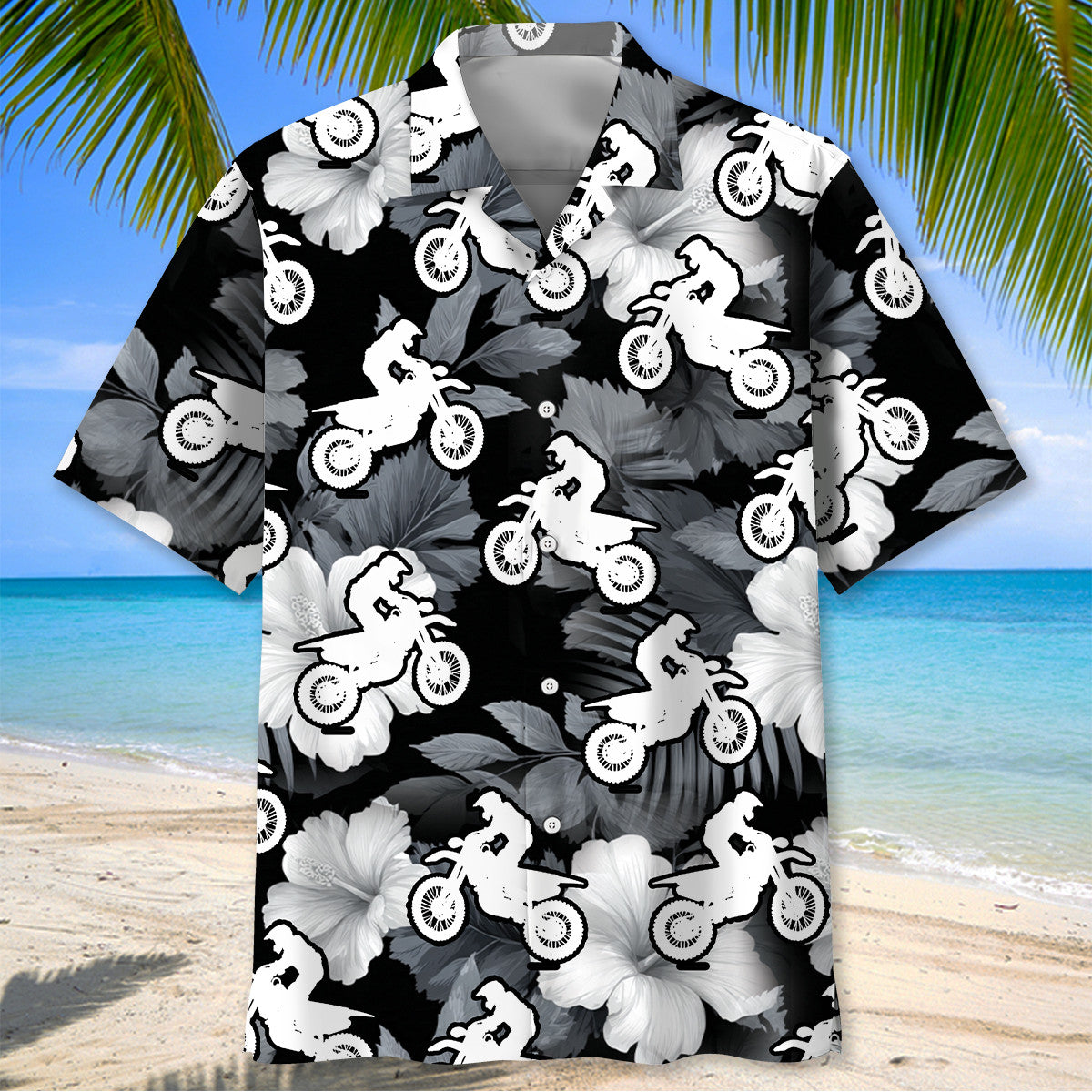 Motocross Black White Hibiscus Hawaiian Shirt