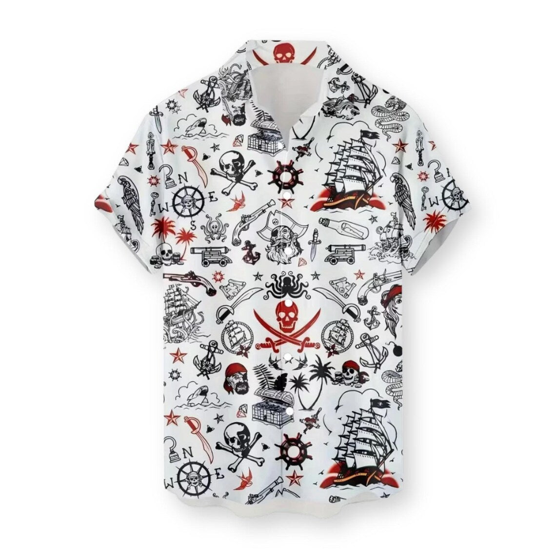 Pirates Hawaiian Shirt White, Nautical Skull Crossbones Ship Compass Print