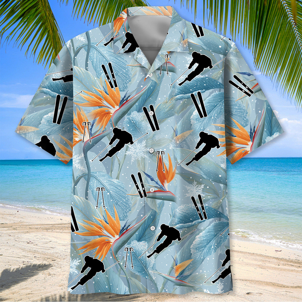 Skiing Snow Tropical Flowers Hawaiian Shirt