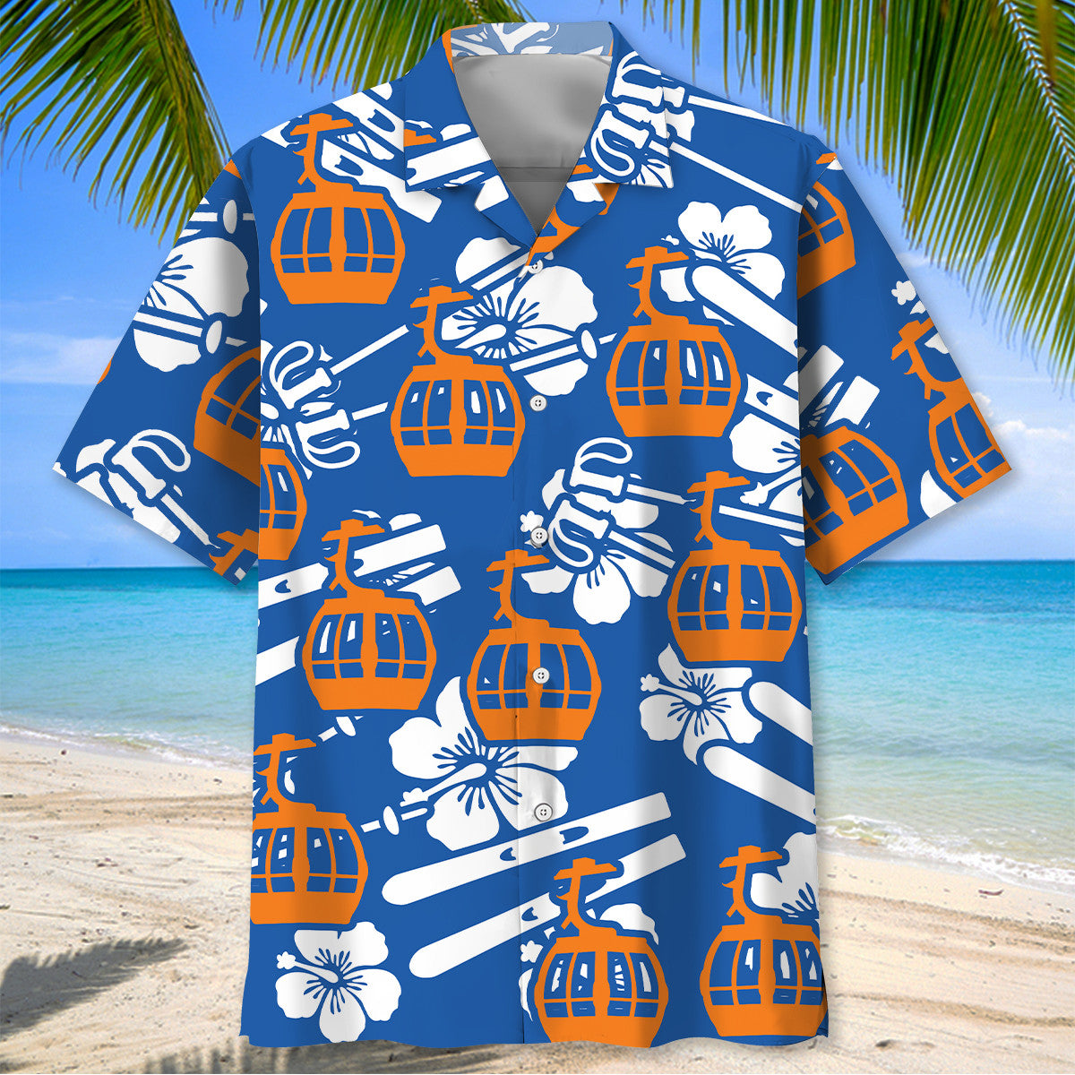 Skiing Tramway Hibiscus Blue Hawaiian Shirt