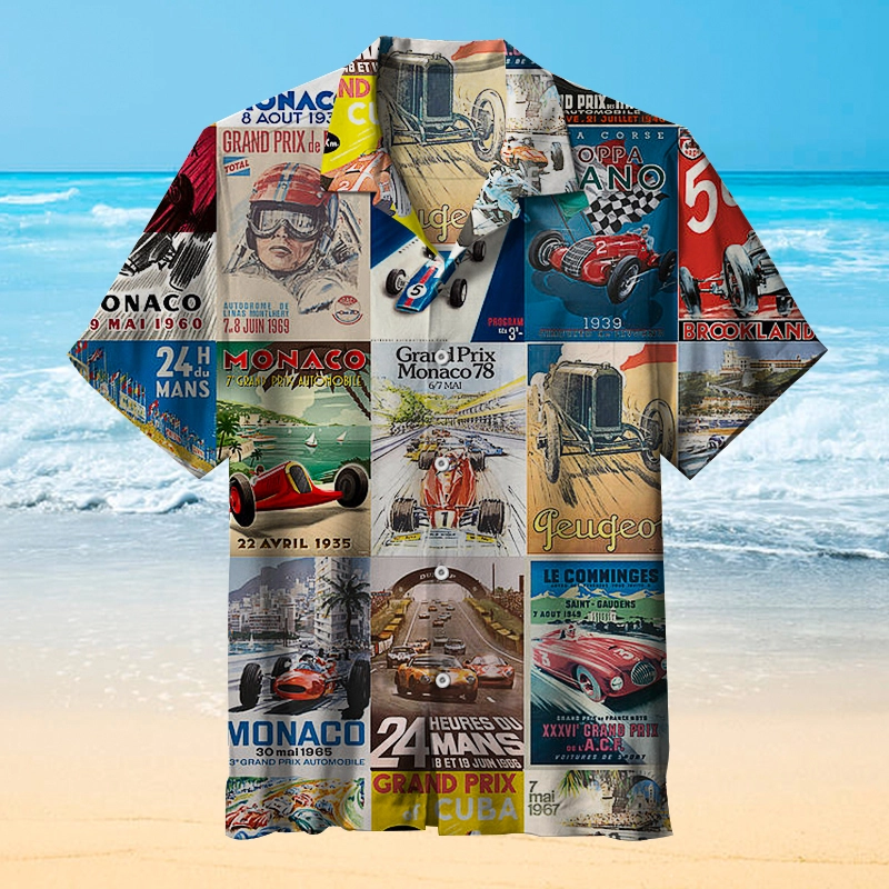 Vintage Cars Races Posters Collage Hawaiian Shirt