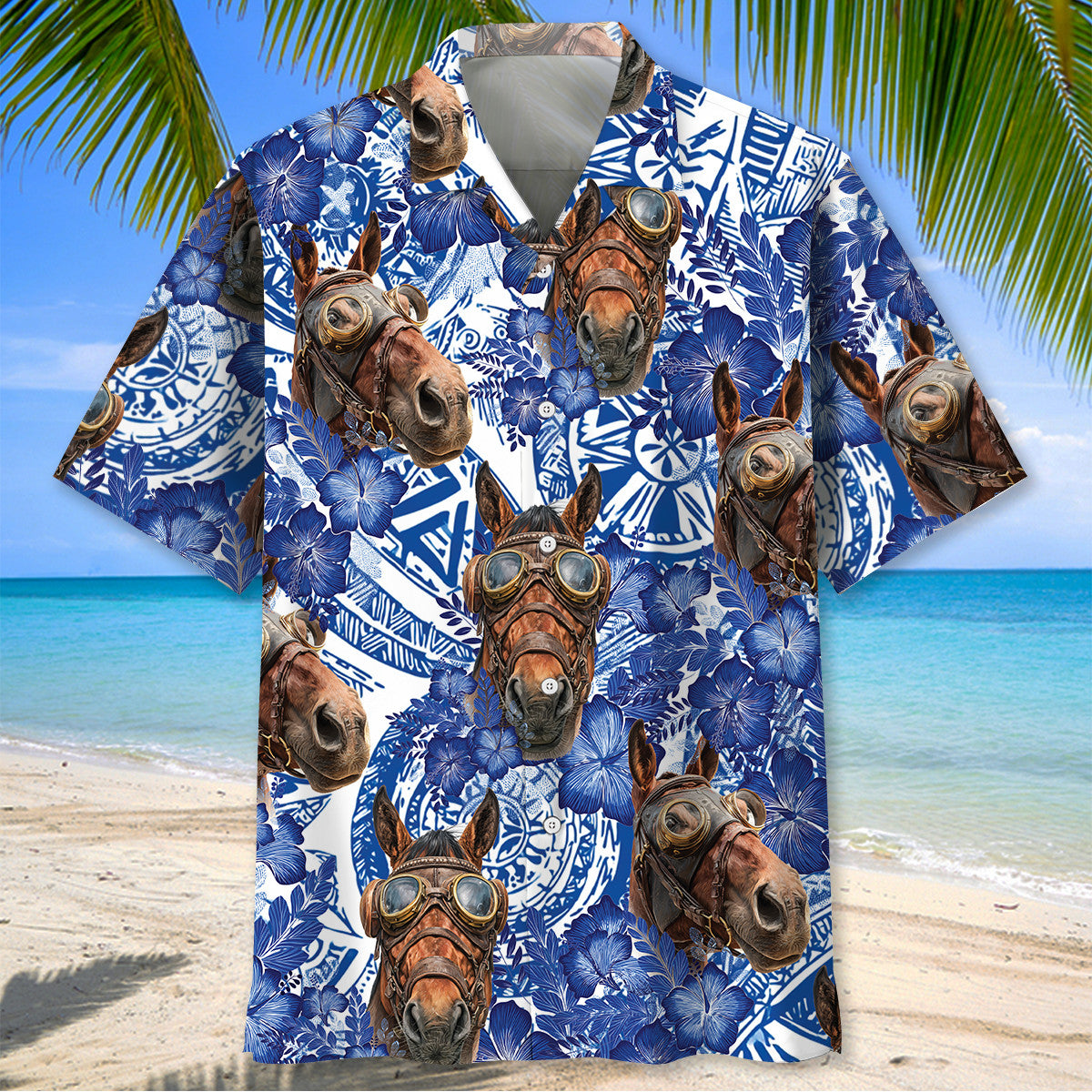 Vintage Horse Blue Hibiscus Hawaiian Shirt